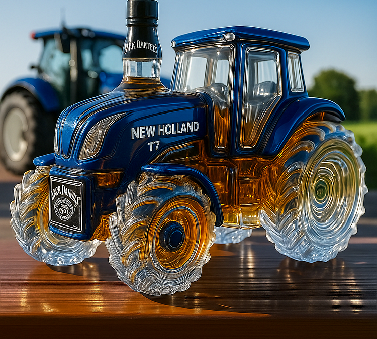 Klasszikus whiskey palack New Holland T7 traktor formájában