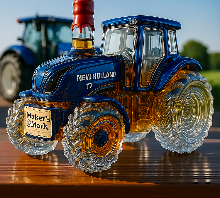 Klasszikus whiskey palack New Holland T7 traktor formájában
