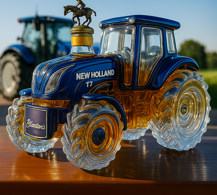 Klasszikus whiskey palack New Holland T7 traktor formájában